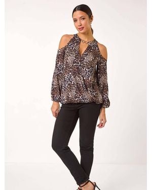 Roman Animal Print Cold Shoulder Stretch Top - Natural