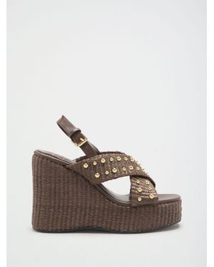 Lipsy Chocolate Dome Stud Cross Strap High Heel Wedge Summer Sandals - Brown