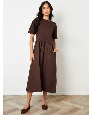 Threadbare 2-In-1 Sweat Dress With Poplin Skirt - Brown