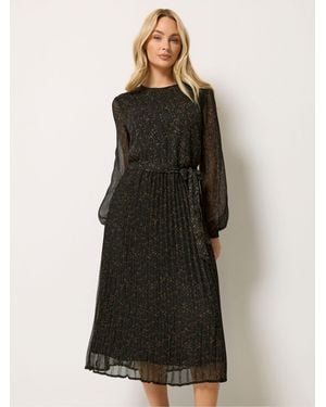 M Com Printed Pleated Chiffon Dress - Black