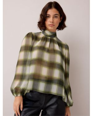 Ro & Zo Check High Neck Chiffon Blouse - Green