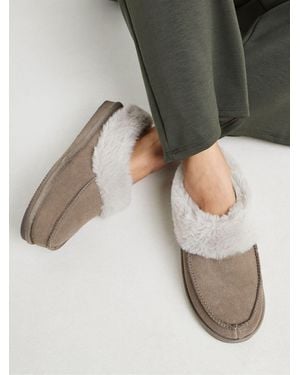 JD Williams Extra Wide Fit Full Suede Fur Trim Slippers - Natural