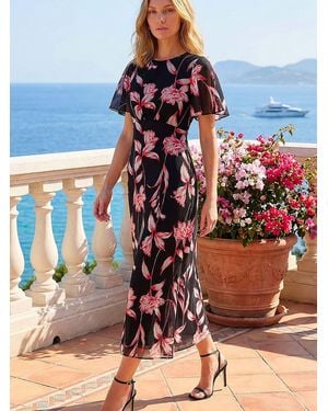 Roman Leaf Print Back Tie Midi Dress - Red
