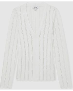 Reiss Loui - White Open-stitch V-neck Jumper, Xs (us 2)