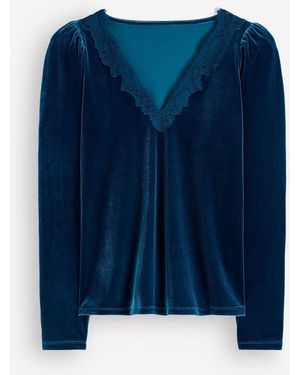 Boden Lace Trim V-Neck Velvet Top - Blue