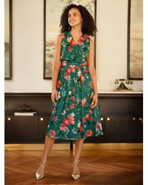 Yumi' Blurred Floral Print Mesh Stretch Midi Dress With Pockets - Green