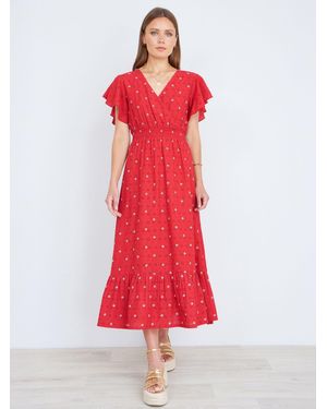 Yumi' Broderie Anglaise Wrap Midi Dress With Flower Embroidery - Red
