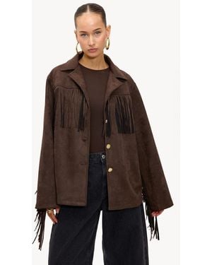 Loavies Oversized Faux Suede Layered Fringe Jacket - Brown