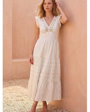 Roman Brocade Frill V-Neck Midi Dress - Natural