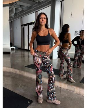 Never Fully Dressed Mosaic Fold Over Waist Band Flare Leggings - Black