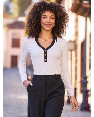 Sosandar Contrast Trim Button Detail Top - White