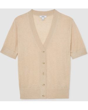 Reiss Neutral Seren V-Neck Short-Sleeve Cardigan - Natural