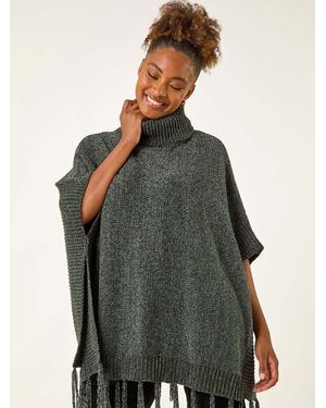 Roman Tassle Trim Knit Poncho - Green