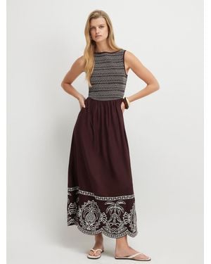 River Island Sleeveless Boat Neck Embroidered Hem Midi Dress - Brown