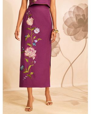 Love & Roses X V & A Cotton Linen Blend Floral Embroidered Midi Skirt - Pink