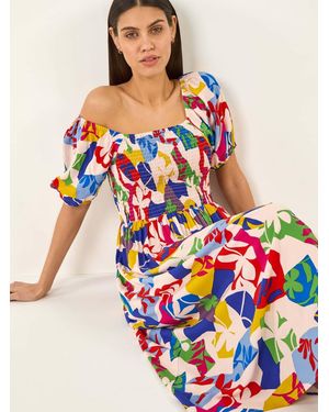 Roman Abstract Print Shirred Midi Dress - Blue