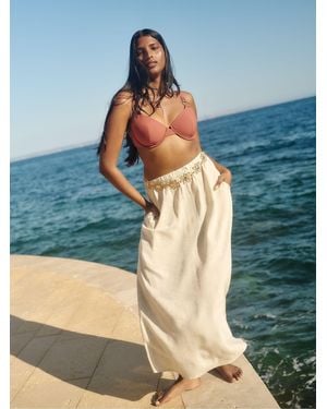 Simply Be Tie Waist Bead Detail Linen Midaxi Skirt - Blue