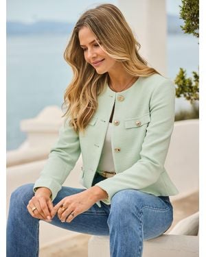 Sosandar Boucle Collarless Jacket With Button Detail - Green