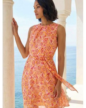 Roman Floral Shimmer Tie Waist Dress - Orange