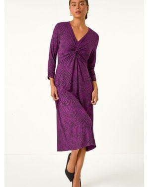 Roman Petite Twist Front V-Neck Midi Dress - Purple