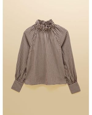 Joules Amber Gingham Tie Blouse - Brown