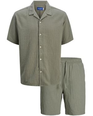 Jack & Jones Seersucker Cuban Collar 100% Cotton Shirt And Shorts Set - Green