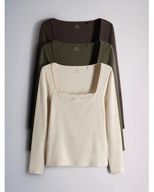 The Set 3 Pack Ribbed Lace Square Neck Tops Khaki//Neutral - Black