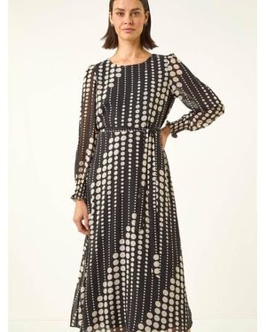 Roman Spot Print Shirred Midi Dress - Black