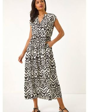 Roman Aztec Print Midi Smock Dress - White