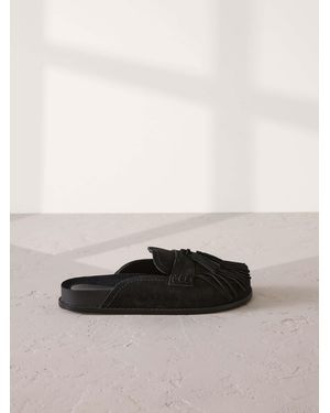 Next Signature Premium Leather Suede Fringe Footbed Mules - Black