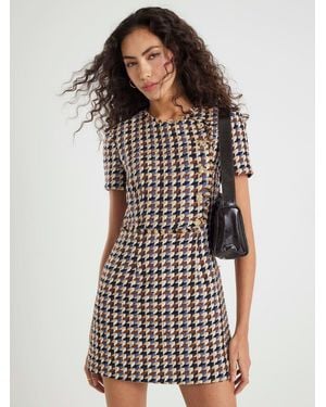 River Island River Island Short Sleeve Boucle Check Mini Dress - Brown