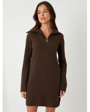 Threadbare Quarter Zip Brushed Knit Mini Dress - Brown
