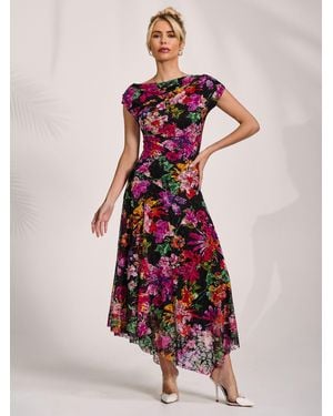 Jolie Moi Asymmetric Draped Print Lace Maxi Dress - Purple