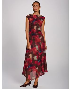 Jolie Moi Asymmetric Draped Mesh Maxi Dress - Red