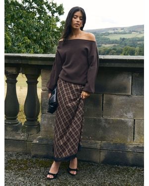 Threadbare Asymmetric Lace Trim Check Midaxi Skirt - Brown