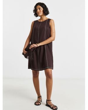 Simply Be Contrast Stitch Linen Swing Dress - Brown