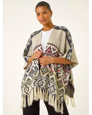 Roman Jacquard Tassel Trim Poncho - Natural