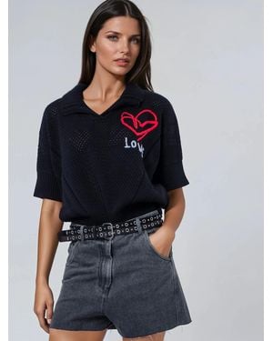 Religion Eloise Neck Crochet Short Sleeved Knit Polo Shirt With Love Embroidery - Blue
