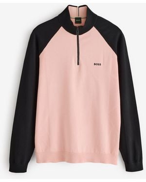 BOSS Regular Fit Quarter Zip Logo Sweater - Pink