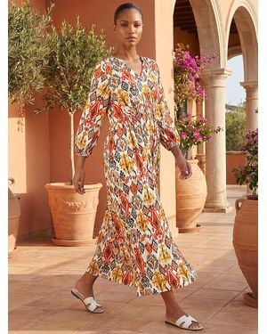 Roman Abstract Print Empire Waist Midi Dress - Brown