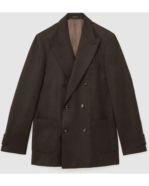 Reiss Chocolate Combo Wool-Blend Flannel Double-Breasted Suit Blazer Classic-Fit - Gray