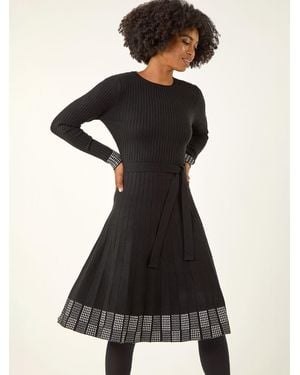 Roman Ribbed Stretch Knit Border Print Dress - Black