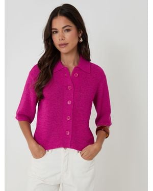 Threadbare Knitted Yarn Button Up Polo Shirt - Pink