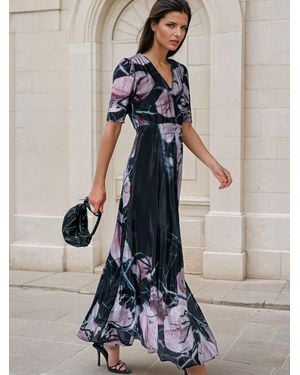 Religion Short Sleeved Diana Maxi Tea Dress With Large Rose Placement Print - Blue