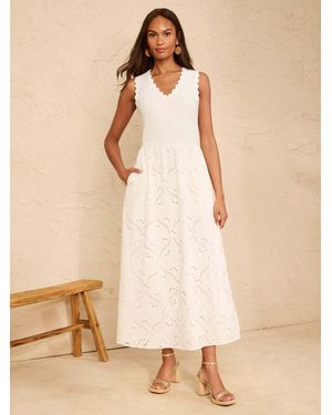 Love & Roses V-Neck Broderie Skirt Jersey Midi Dress - Natural