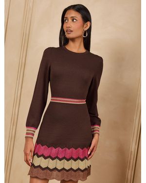 Love & Roses Burgundy Crew Neck Chevron Striped Knitted Mini Dress - Brown