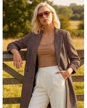 Roman Petite Button Check Coat - Brown