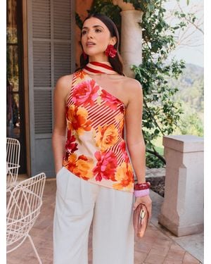 Friends Like These Floral Stripe Sleeveless Satin Scarf Blouse - Pink
