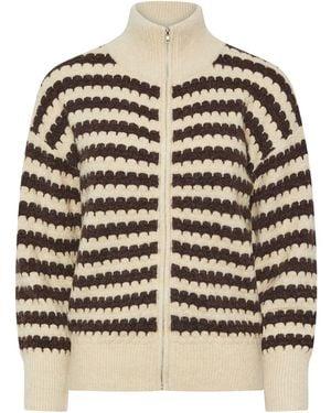 PixieGirl Petite Scallop Stripe Zip Bomber Jacket - Brown