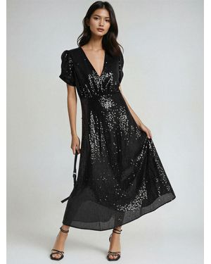 Religion Fully Sequined Naomi Tea Dress With Puff Sleeve - Black